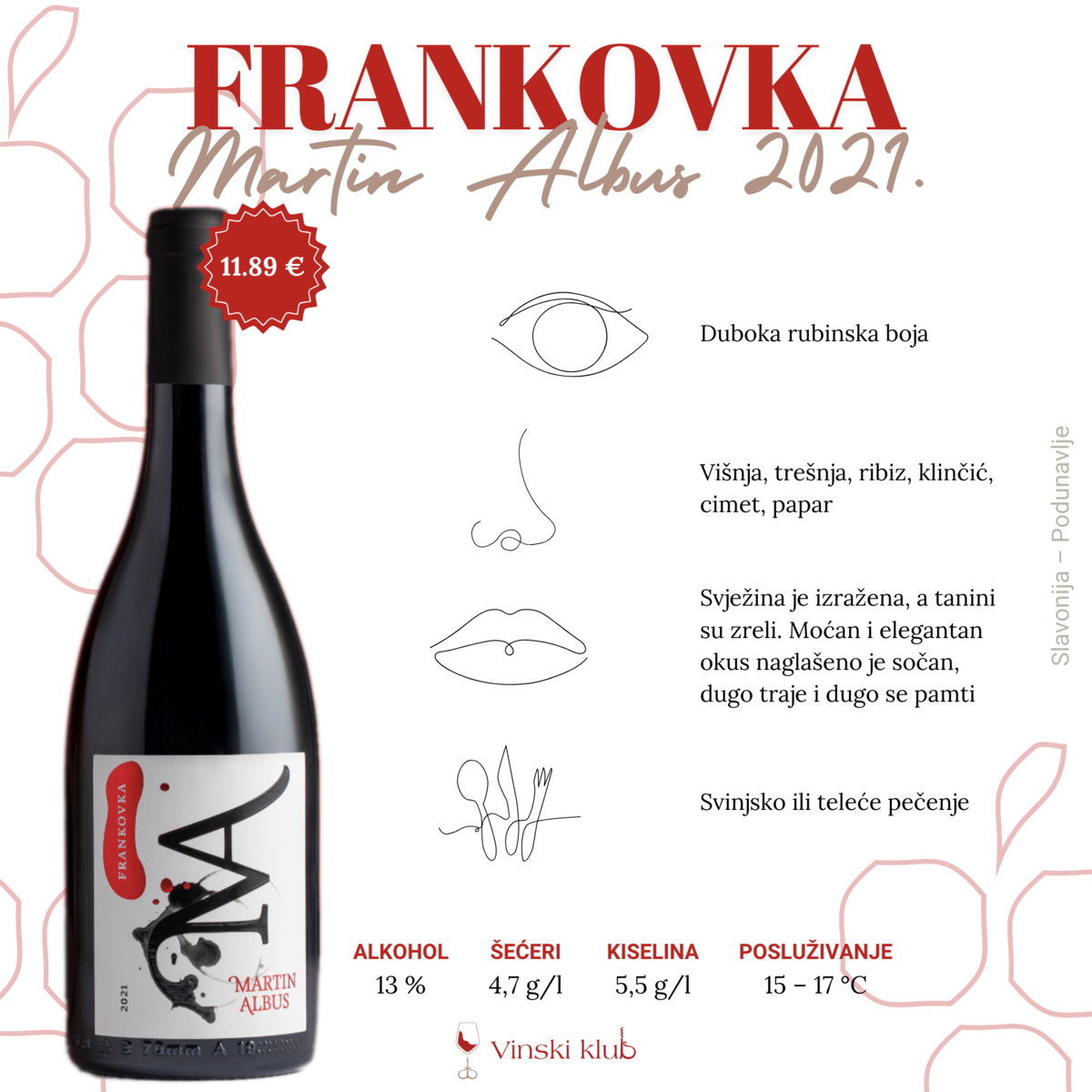 Butelja Frankovke 2021. premium linije PP Orahovica uz čašu crnog vina rubinske boje.