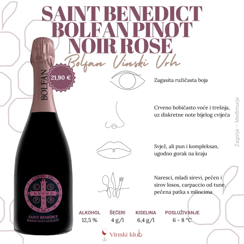 Saint Benedict Bolfan Pinot Noir Rosé pjenušac od crnog pinota odlikuju svježina, fine perlice i kompleksne voćne arome.