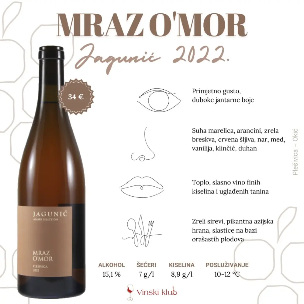 Macerirani rizling Mraz O'Mor vinarije Jagunić s Plešivice u čaši jantarne boje i bogate aromatike.