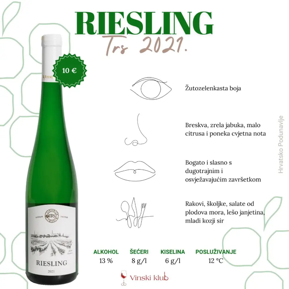 Riesling 2021. vinarije Trs iz Iloka odlikuju voćne arome, svježina i elegantna ravnoteža šećera i kiselina.