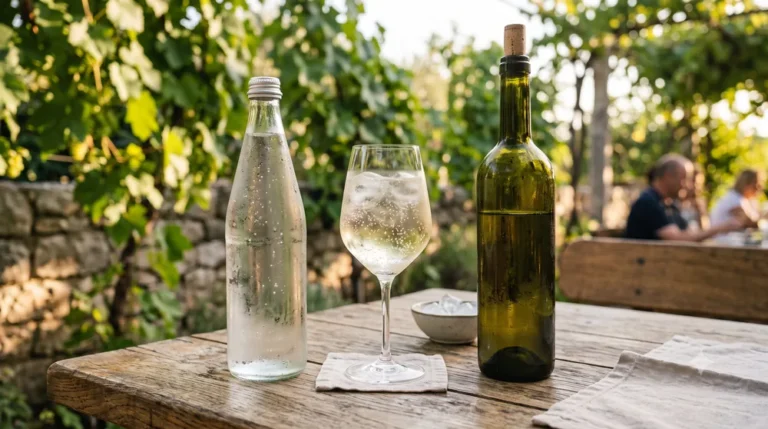 Čaša gemišta s ledom uz bocu mineralne vode i bocu bijelog vina na drvenom stolu u vinogradu
