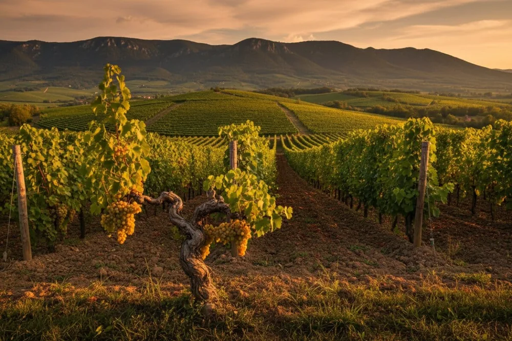 Vinograd graševine u brdovitom kraju obasjan zalaskom sunca, sa starim čokotom i grozdovima bijelog grožđa u prvom planu te redovima trsja prema brdima u pozadini.