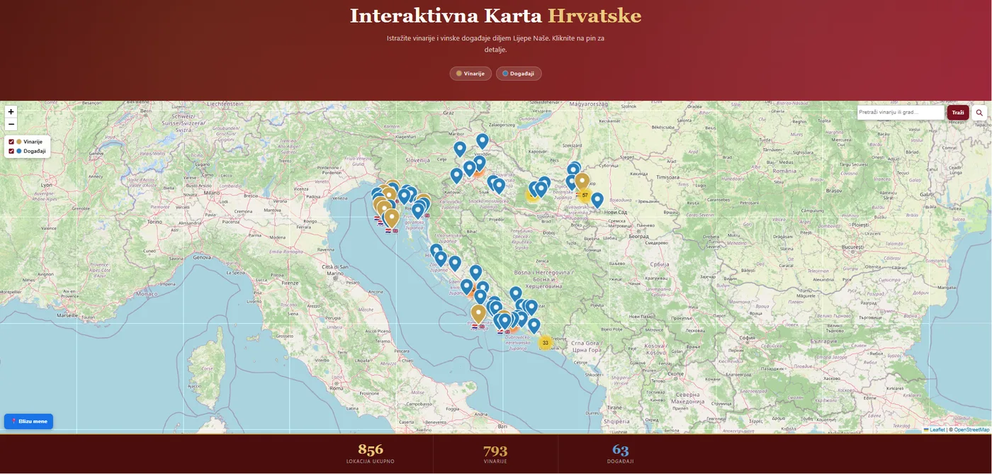 Vinarije i vinski događaji na interaktivnoj karti Hrvatske